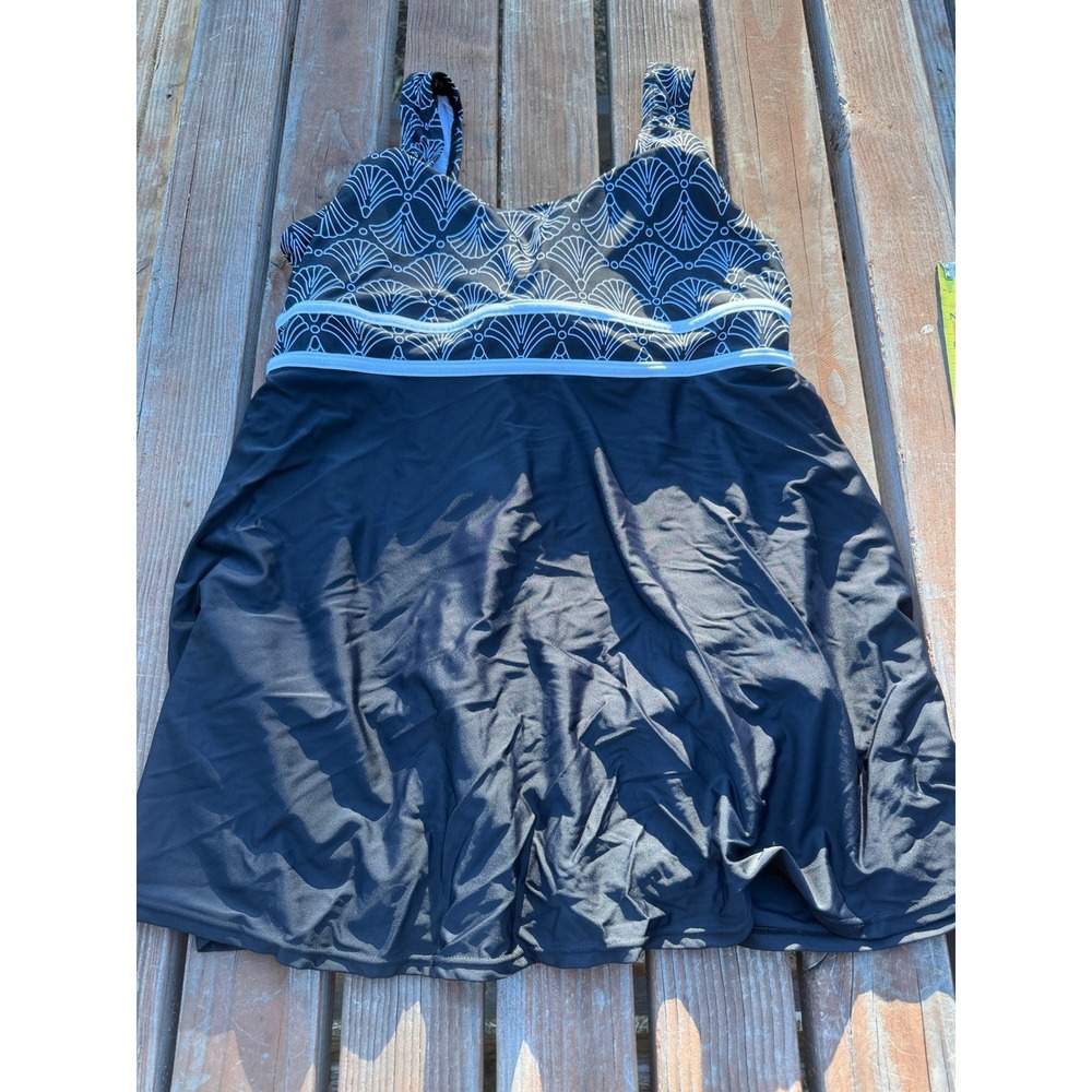 Blair Womens Black White Geometric Shell Print Swimdress One Piece Swimsuit 16